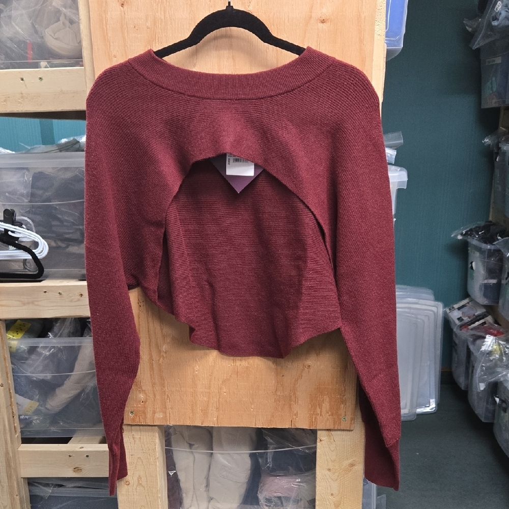 Ava & Viv Size 2X Burgundy Cropped Open Front Long Sleeved Sweater